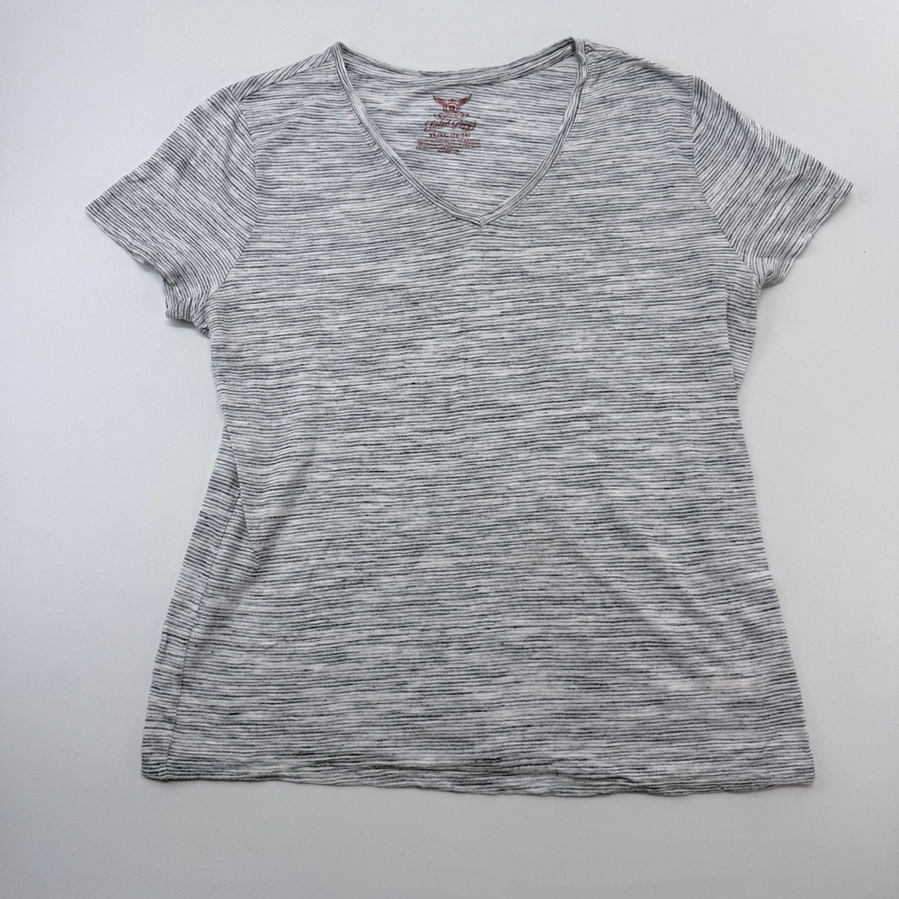 Faded Glory Womens XL Gray White Space Dye Striped V-Neck Short Sleeve Tee Shirt